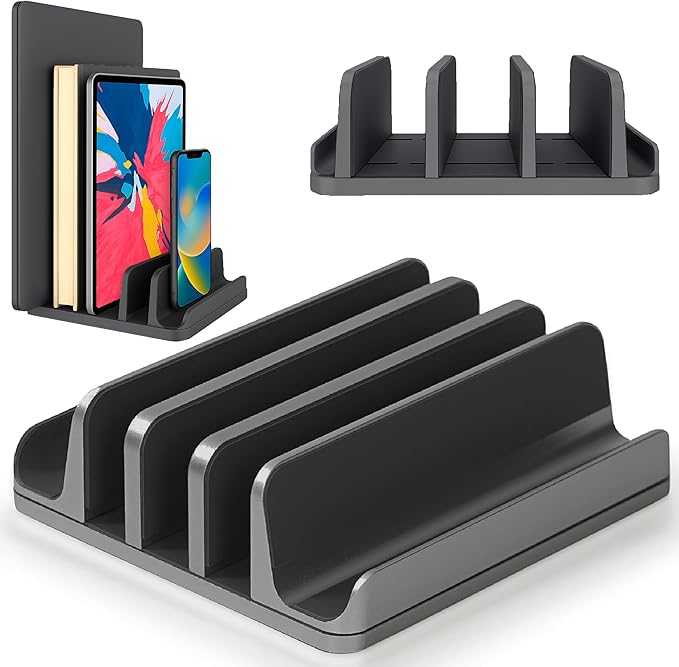 Multiple Laptop Holder Vertical – Adjustable Laptop Vertical Stand Holds 5 Devices, Fits All MacBooks Laptops Tablets and Mobiles (up to 17.3”). Closed Upright Vertical Laptop Stand for Desk