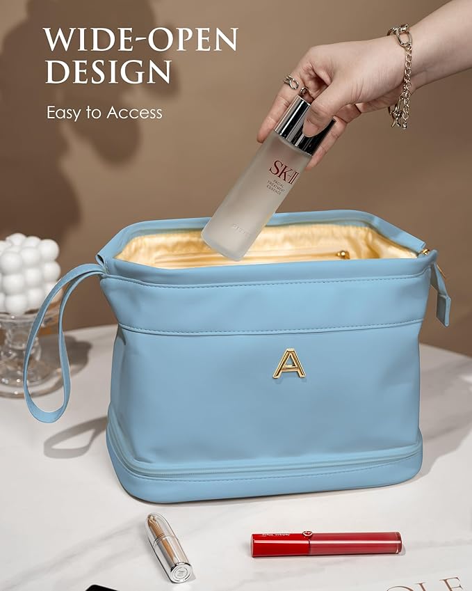 Daughter Birthday Gifts, Initial Makeup Bag, Personalized Double Layer Cosmetic Bag with Makeup Brush Organizer, 10 11 12 13 14 15 16 18 19 Year Old Girl Birthday Gifts, Gift for Wife