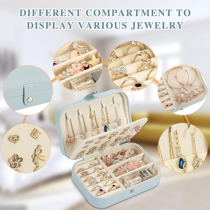 Travel Jewelry Box, PU leather Small Jewelry Organizer For Female Girls, double layer portable mini travel case for storing earrings, rings, necklaces.(blue 2pcs)