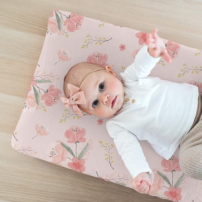 Stretchy Changing Pad Covers BROLEX Changing Table Cover for Baby Boys Girls,2 Pack Jersey Knit,Pink Blossom