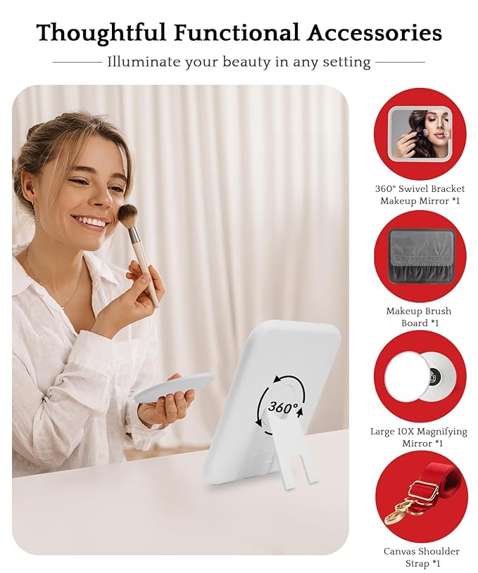 MOMIRA Travel Makeup Bag Cosmetic Bag with Lighted Mirror, Adjustable Brightness in 3 Color Scenarios/Detachable makeup mirror, All-round Upgrade, Waterproof, Gift for Women -Red