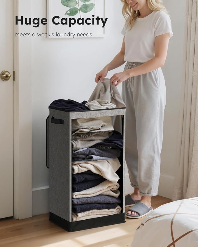 SOLEDI Slim Laundry Hamper with Lid, Narrow Laundry Basket with Removable Bags, Dirty Clothes Hamper with handle, Small Hamper perfect for Laundry room, Bathroom, Bedroom, Small spaces. 70L Grey