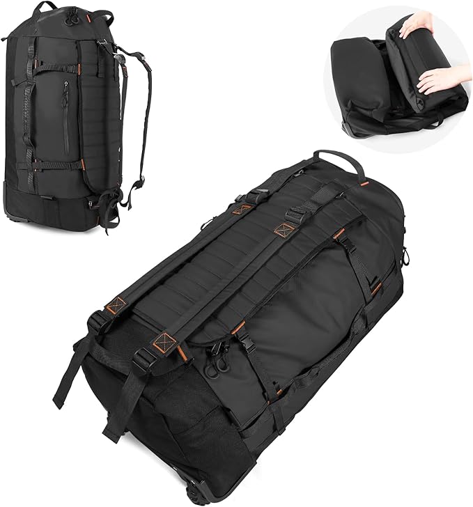 Vomgomfom 86L Collapsible Wheeled Luggage with Removable Backpack Straps,Waterproof Rolling Duffle Bag with Quilted Base,No Telescope Handle,Black
