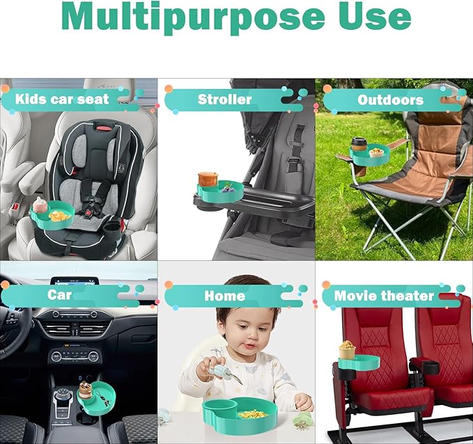 Kids Car Seat Tray, Travel Tray with Cup Holder for Toddler Baby, Kids Car Seat Food Snack Organizer for Road Trip, Stroller snack Organizer Travel Must Haves Toddler Must Haves (Cyanine, 1 PCS)