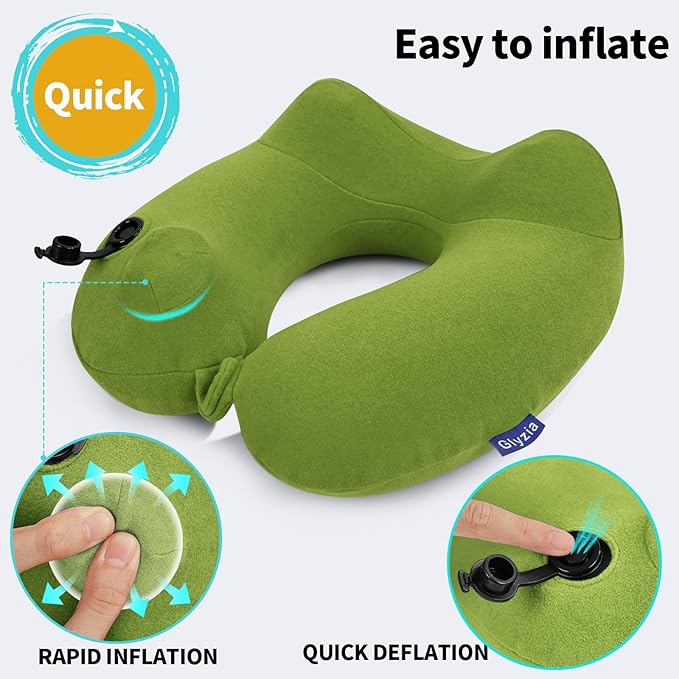 2 Pack Inflatable Travel Neck Pillows for Airplanes, Head Support Velvet Adult Neck Pillows for Long Flight, Kit with Eye Mask, Earplugs and Storage Bag, 2, Green