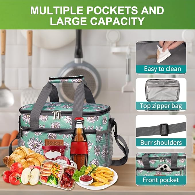 iknoe Large Foldable Cooler Bag, 8.5L Insulated Lunch Bag, Leakproof Lunch Cooler Tote with Multi-Bag Design Suitable for Beach, Picnic and Office Use, Nattier Blue 15-Can