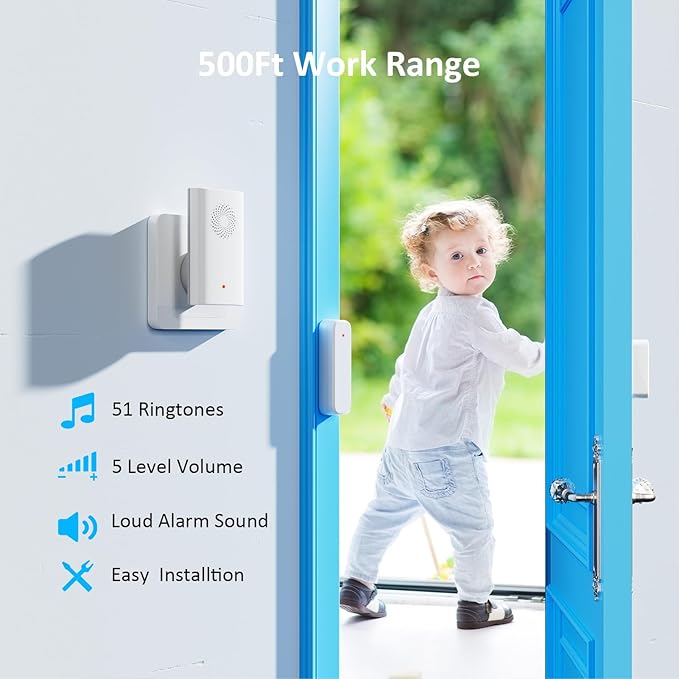Wireless Door Chime, Door Open Sensor Alarm When Entry Business/Office/Store (500ft Range 51 Ringer Adjustable Volume) Home Alert Bell for Kid/Toddler Safety,2 Receiver +5 Sensor
