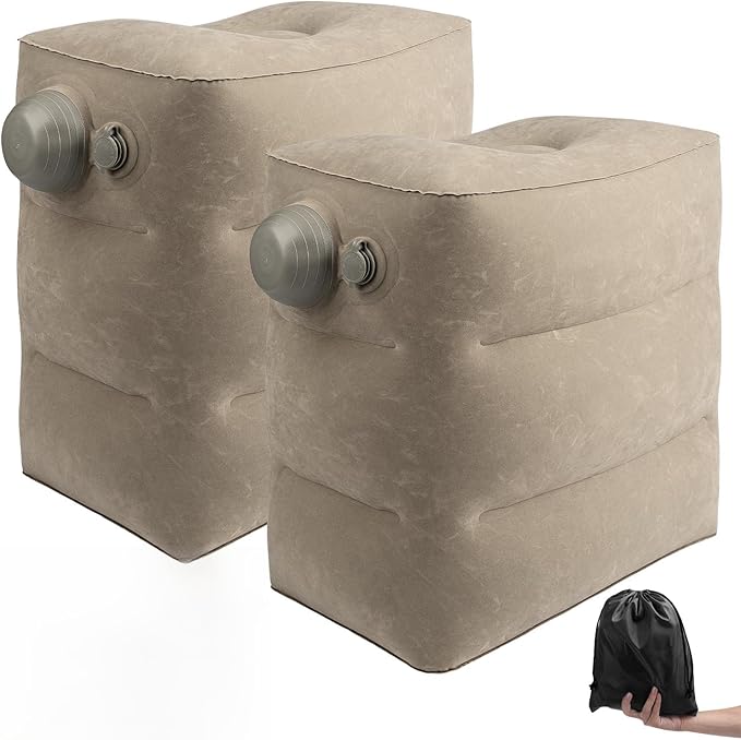 Inflatable Travel Foot Rest Pillow, 2 Pack Airplane Foot Rest Pillows, Portable Inflatable Leg Rest Pillow Flights Seat Extender with Storage Bag for Plane, Car, Train (2Pack Grey)