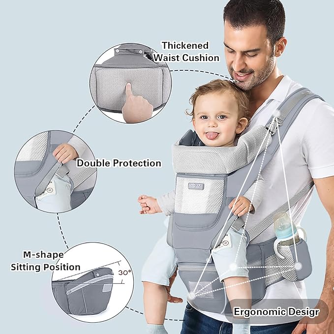 Baby Carrier Ergonomic Infant Carrier with Hip Seat Kangaroo Bag Soft Baby Carrier Newborn to Toddler 7-45lbs Front and Back Baby Holder Carrier for Men Dad Mom (Grey)