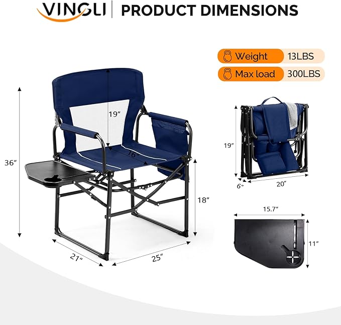 VINGLI Camping Chairs, Directors Chair, Camping Chair with Side Table & Carry Bag，Heavy Duty Camping Chairs for Adults,Portable Folding Camping Chair 2 Pack, for Beach, Fishing,Trip,Picnic,Lawn-Blue
