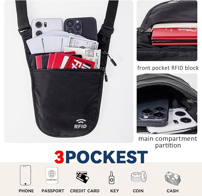 Crossbody Money Belt for Travel Women & Men Hidden, Travel Wallet Pouch - Slim Passport Holde, RFID Blocking Neck Wallet Under Clothes to Protect Cash, Credit Cards and Documents (KHAKI)