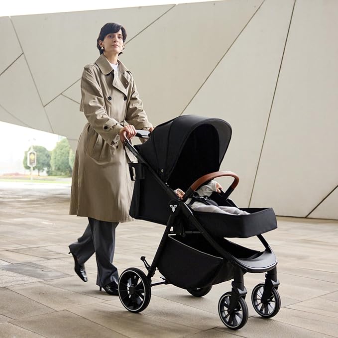 Tinyiota Baby Stroller, Infant Stroller with Large UPF 50+ Canopy,Luxury Pram Strollers with Leather Handle & Spacious Seat, One-Hand Foldable Pushchair, Toddler Carriage with Lie-Flat Mode(Black)