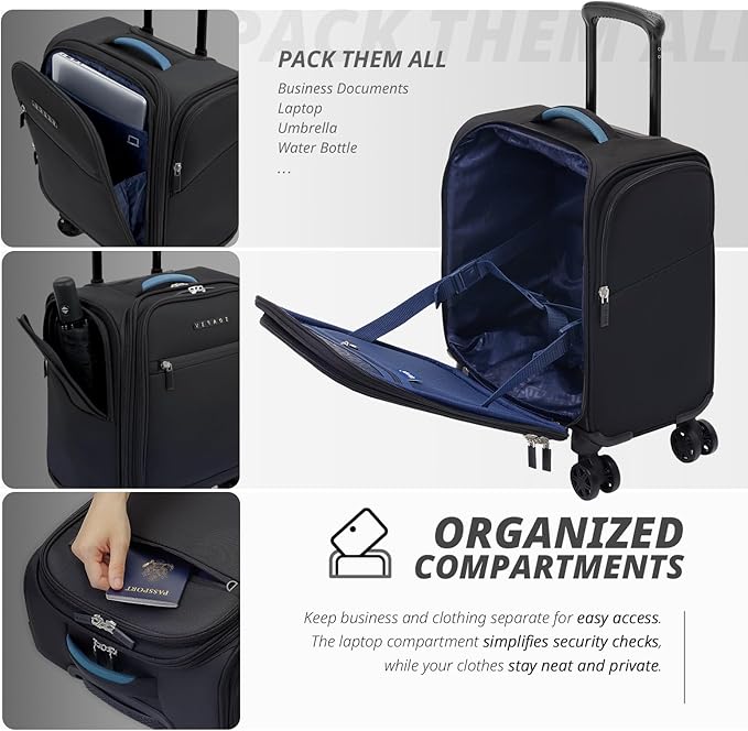 Verage Under Seat Luggage with Wheels, Softside Small Suitcase Spinner Carry On Luggage Bags for Airlines Airplanes Short Trip Men Women (Black, 14.5-Inch Plus Underseat)