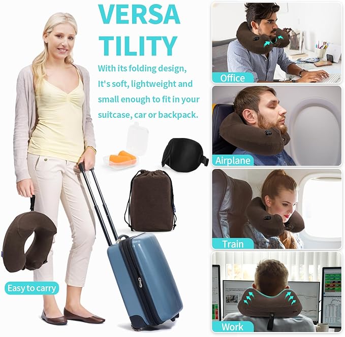 Inflatable Travel Neck Pillow for Airplane, Head Support Velvet Adult Neck Pillow for Long Flight, Kit with Eye Mask, Earplugs and Storage Bag,1, Brown