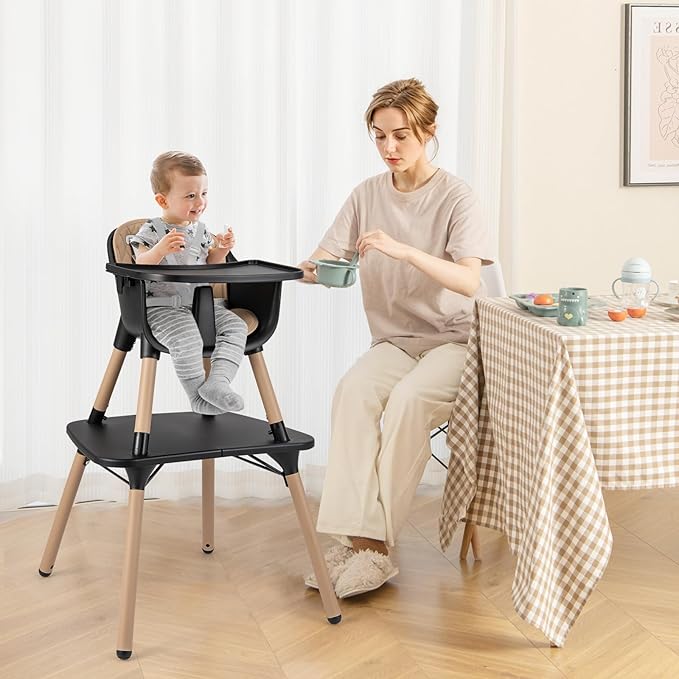 BABY JOY High Chair, 5 in 1 Convertible Highchair for Babies & Toddlers | Booster Seat | Table and Chair Set | Infant Feeding Chair with Removable Tray, Safety Harness, Removable Cushion (Brown)