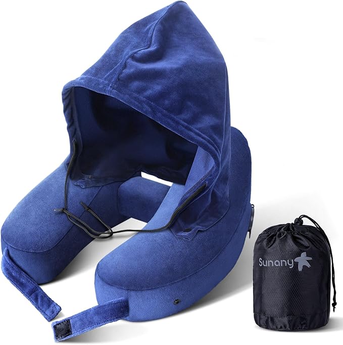 Sunany Neck Pillow for Travel Inflatable Airplane Pillow Comfortably Supports Head,Neck and Chin,Inflatable Travel Pillow with Soft Velour Cover,Hat,Portable Drawstring Bag (Blue)