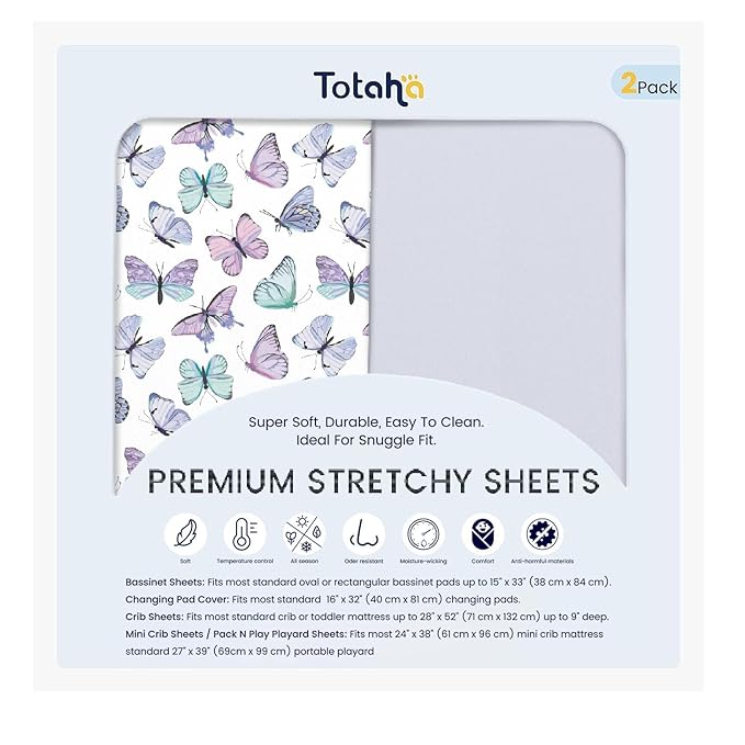 TotAha Premium Soft Pack n Play Sheets, Super Stretchy Jersey Knit Mini Crib Sheets Fitted, Silky Comfort Graco Pack and Play Mattress Sheets 2-Pack, Purple Butterfly
