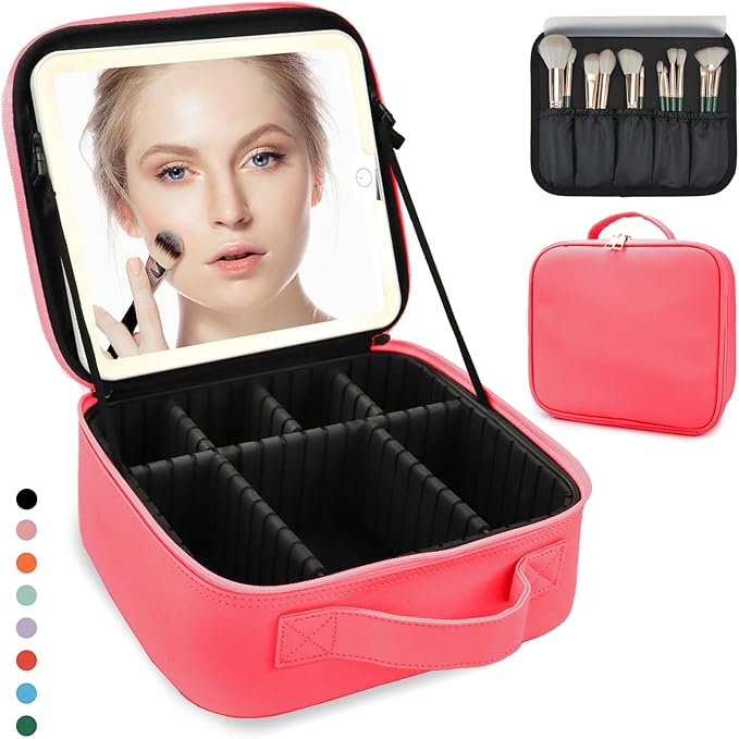 Travel Makeup Bag for Women and Makeup Artists Cosmetic Organizer Large Makeup Case,Travel Makeup Bag with Mirror 3 Color Setting,Portable Storage and Adjustable Dividers(light red)