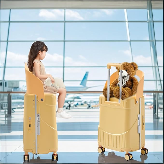 20 Inch Ride on Luggage With Seat For Kids&Adults,with Front Pocket, Foldable Seat Back TSA Approved Lock, 360° Spinner Wheels(20 inch,Yellow)