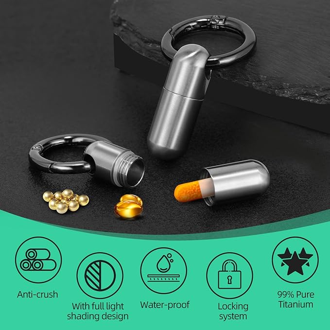 Titanium Keychain Pill Holder Waterproof Lightweight Portable Pocket Mini Pill Case for Emergency Medicine Travel Fits Daily Purse Wallet Small Pill Box Containers (Small)