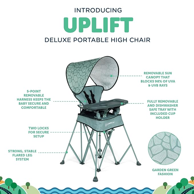 Baby Delight Go with Me Uplift Deluxe Portable High Chair | Travel High Chair | Sun Canopy | Indoor and Outdoor | Green Garden