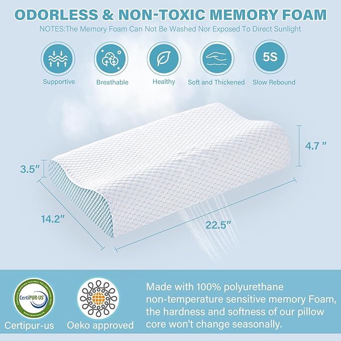 2 Pack Memory Foam Cooling Bed Pillows for Sleeping, Ergonomic Cervical Pillow for Neck and Shoulder Pain Relief, Adjustable Cold Pillow Set of 2,with Pillowcase（Blue）