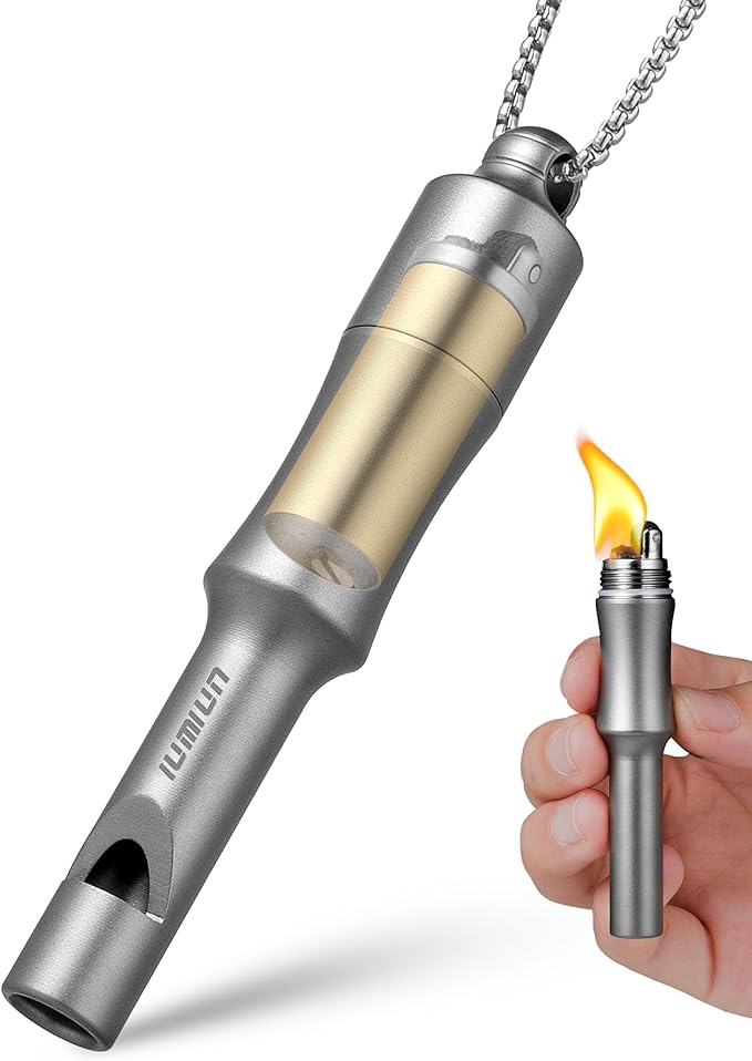 3-in-1 Fire Starter Survival Tool -Titanium Emergency Whistle, Kerosene Lighter & Mini Pill Holder, IPX8 Water-Resistant, Dust-Resistant, Compact for Hiking, Camping, Rescue(Fuel not Included)