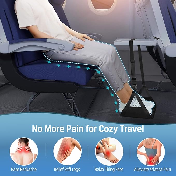 Airplane Foot Hammock for Plane Travel Essentials, Airplane Foot Rest with 2 in 1 Removable Support Pad, Adjustable Foot Hammock with Thicken Memory Foam, Foot Rest for Plane Travel Foot Leg Rest