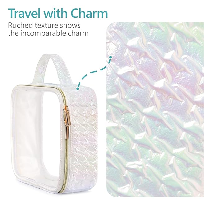 PACKISM TSA Approved Toiletry Bag - Ruched Textured Clear Makeup Bag, Iridescent White, with 180° Large Opening and Supporting Frame, Perfect for Travel Essentials, Thick No Smell
