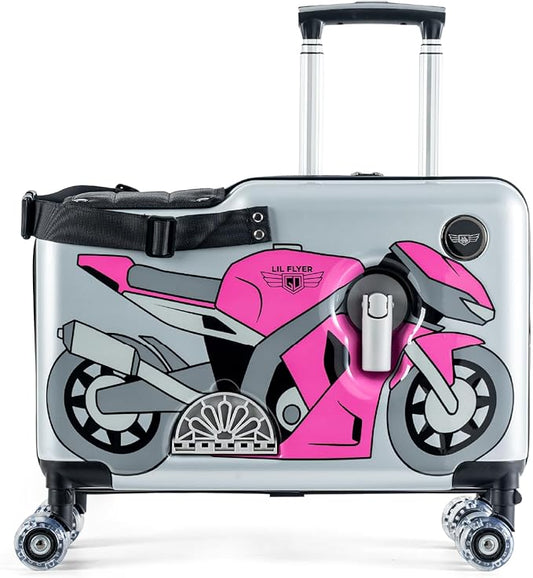 Younglingz LIL FLYER GO Version 2 Ride On Suitcase for Kids | Carry On Luggage with Toddler Seat, Foldable Handlebars, Pedals, and Removable Wheels | Holds up to 80 lbs | Pink Motorcycle | Ages 2-6