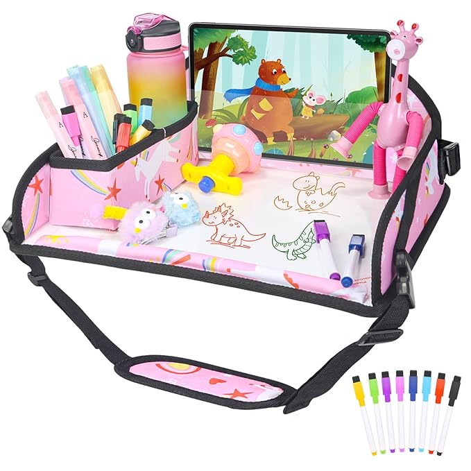 Kids Travel Tray for Car Airplane - Car Seat Tray for Kids Travel, Toddler Carseat Lap Table, Road Trip Essentials, Lap Desk for Kid Roadtrip Activities, Pink Unicorn