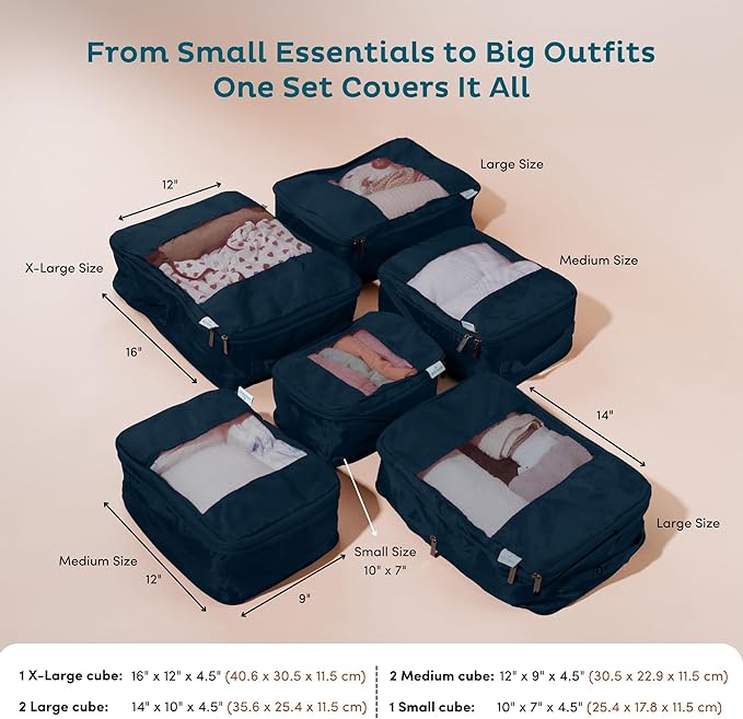 6-Pack Compression Packing Cubes Travel Essentials - Lightweight, Water-Resistant Luggage Organizer Bags with Handles, Durable Travel Accessories Suitcase Organizer (Inkblue)