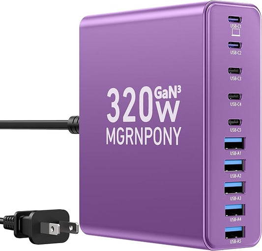 320W USB C Charger Block, 10-Port USB C Charging Station GaN III PD 65W Laptop Fast Charger Adapter for MacBook Pro/Air, DELL, iPad, iPhone, Samsung Galaxy (Purple)