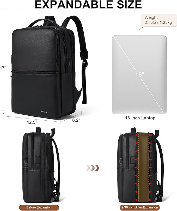 Vegan Leather Laptop Backpack for Women&Men,16 Inch Expandable Backpack with USB Charging Port,Two-toned Black