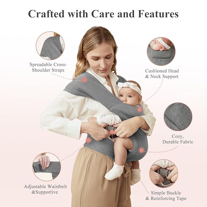 Newborn Carrier, Cozy Baby Carrier, Ergonomic Cross-Back Wrap, Hands-Free with Supportive Comfort, Light Grey
