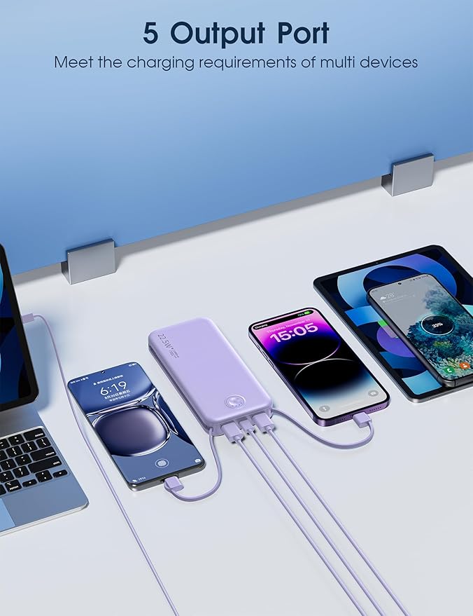 Portable Charger with Built in Cable and AC Wall Plug, USB C Power Bank 12000mAh 22.5W Super Fast Charging, Lightweight Portable Phone Charger Travel Battery Pack for iPhone, ect
