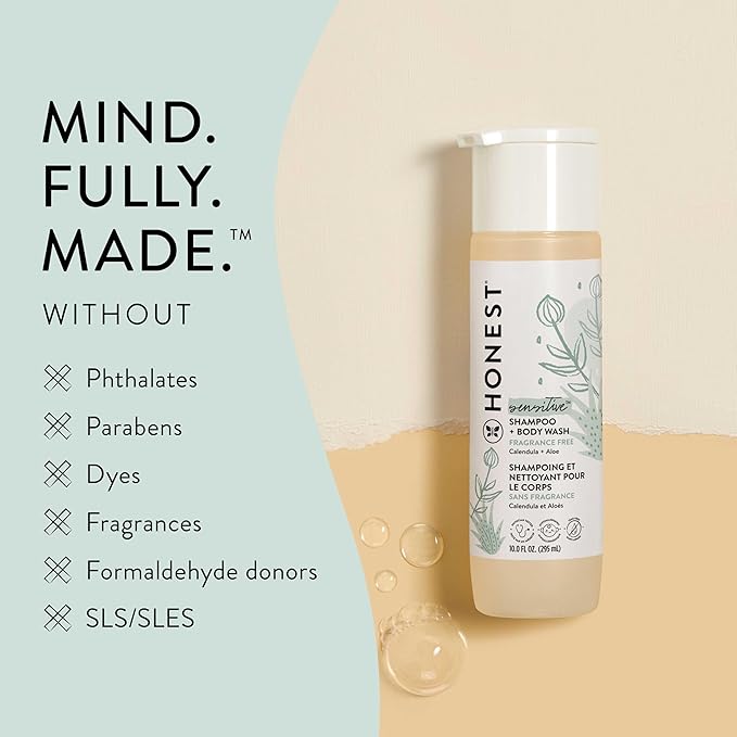 The Honest Company 2-in-1 Cleansing Shampoo + Body Wash for Sensitive Skin | Gentle for Baby | Naturally Derived, Tear-free, Hypoallergenic | Fragrance Free, 18 fl oz