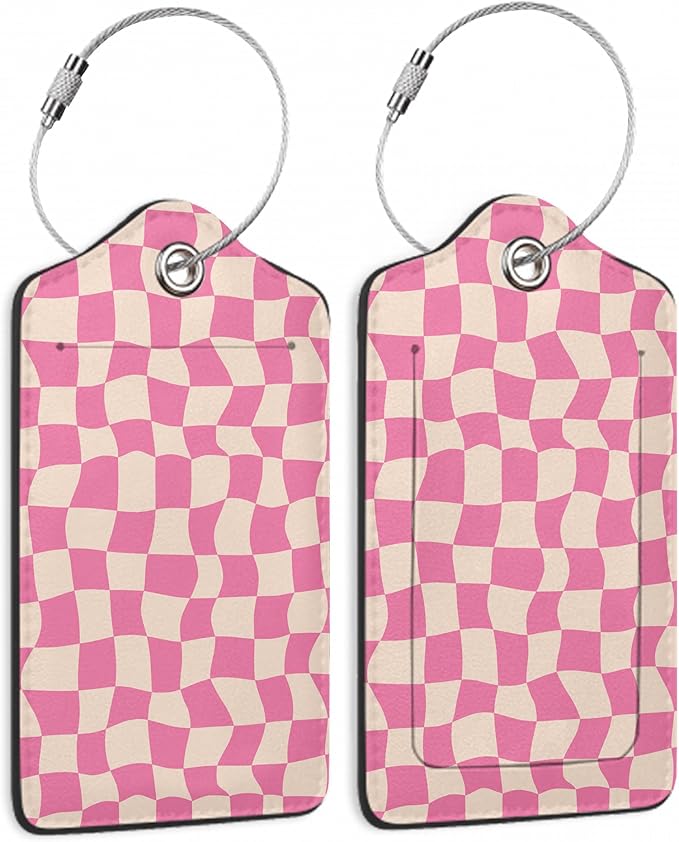 2 Pack Luggage Tag for Suitcase, Groovy Pink Checkerboard Leather Bag Tags Identifiers Privacy Cover ID Label with Durable Steel Loop for Women Men Kids Girls Travel