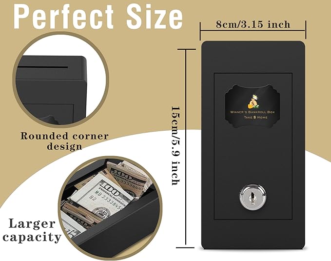 Large Metal Box for Gambler with Waist Bag, Portable Winner Bank Gambling Casino Cash Safe Box, Pocket Sized Cash Box with Key Go Home Money