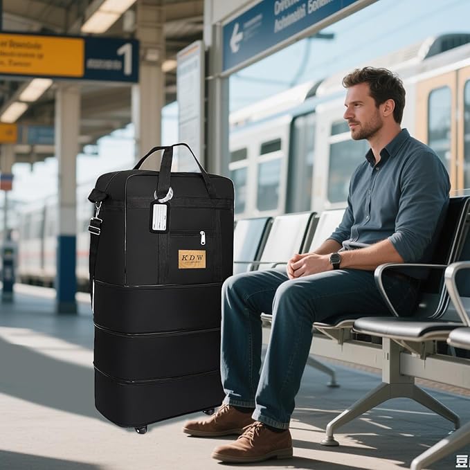 Foldable Travel Bag with Wheels, Extendable Tote Bag, Roller Expandable Luggage Compartment, Large Capacity Lightweight Luggage Bag, Waterproof for Men and Women(Black)