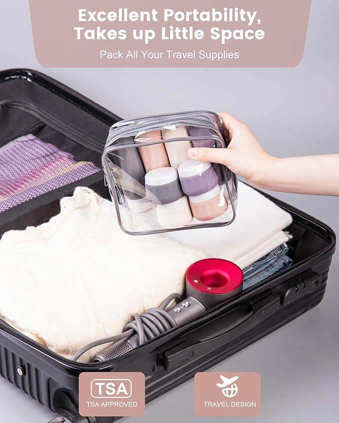 Travel Bottles for Toiletries 8 Pack, Travel Size Toiletries, Tsa Approved Travel Size Containers 3oz, with Travel Essentials Clear Bag, Leak Proof Silicone Squeezable Creams Jars