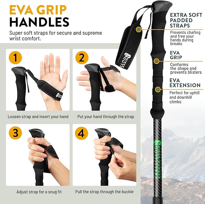 100% Carbon Fiber Trekking Poles by USA Brand - Ultra Strong Lightweight Collapsible Hiking Poles with Cork and EVA Foam Grips & Quick Adjustable Flip Locks