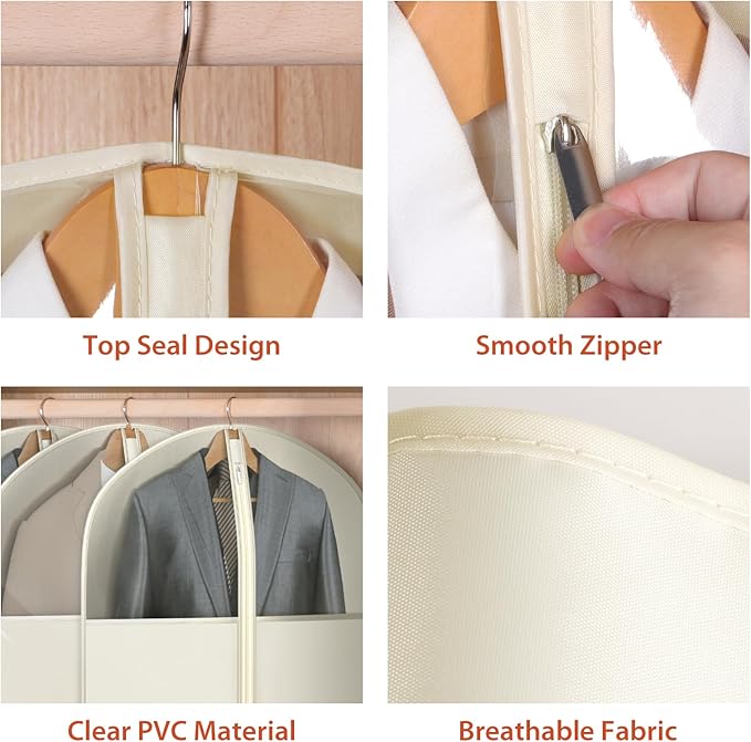 Univivi Suit Bags for Closet Storage, 40" Garment Bags for Hanging Clothes, Garment Bag for Travel and Storage with Large Visible Window for Suit Coat, Jacket, Sweaters (Set of 6), Biege