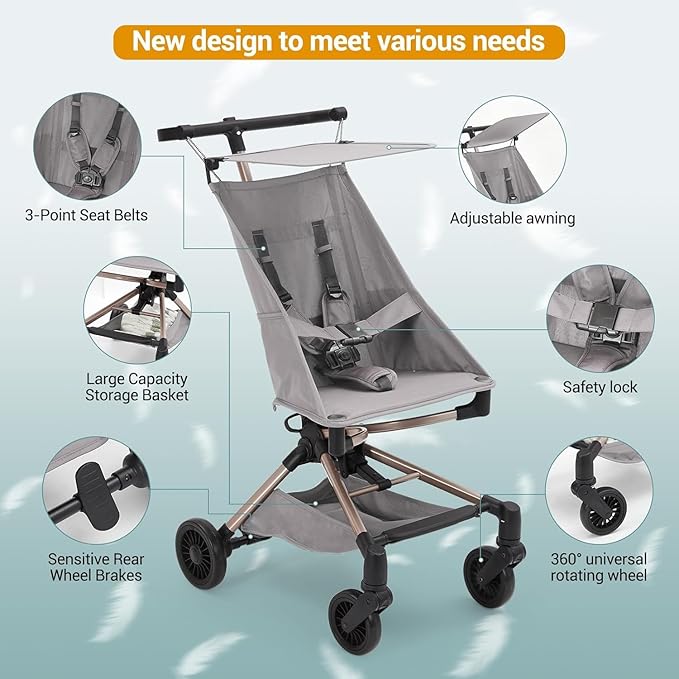 Jojoka Lightweight Stroller for Airplane,Compact Strollers for Travel,Foldable Toddler Pushchair with Carry Bag, Storage Basket, Rear Brakes, Adjustable Awning(Grey)