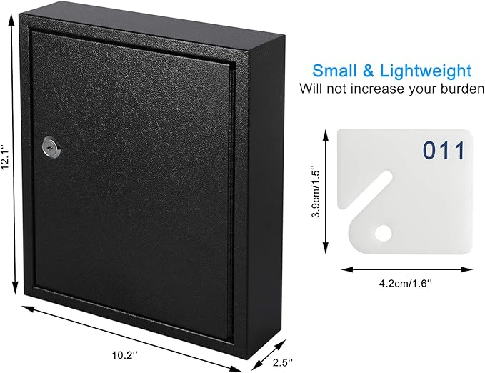 KYODOLED Key Storage Lock Box with Key, Locking Key Cabinet, 60 Key Management Wall Mount with Key Lock, Key Hooks & Tags Key Labels, 2.5" D x 10.2" W x 12.1" H (Black,60 Key)