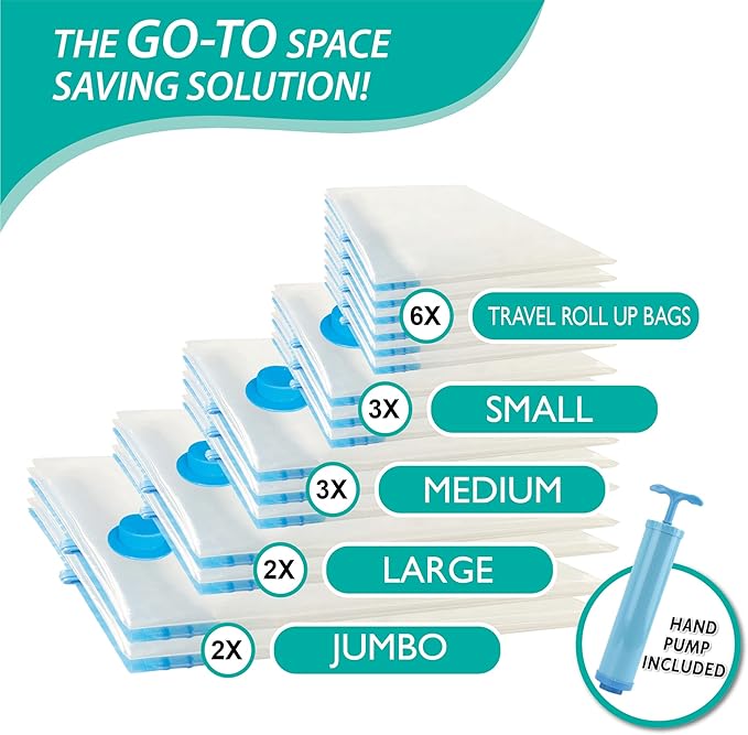 16 Pack Vacuum Storage Bags, Space Saver Bags (2Jumbo/2Large/3Medium/3Small/6Roll) Compression Storage Bags for Comforters and Blankets, Vacuum Sealer Bags for Clothes Storage, Hand Pump Included