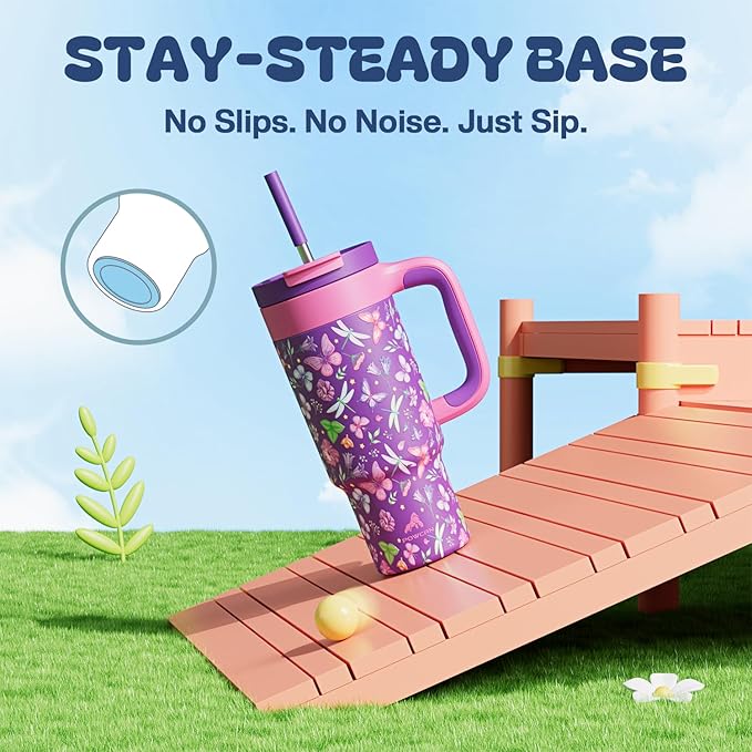 24 oz Insulated Tumbler for Kids: Spill-Proof, 2-in-1 Straw Lid, Cold for 26 Hrs, Stainless Steel Cup with Handle for School, Camping, Gift, Daily, Outdoor, Trip, Travel, Vacation (Butterfly Field)