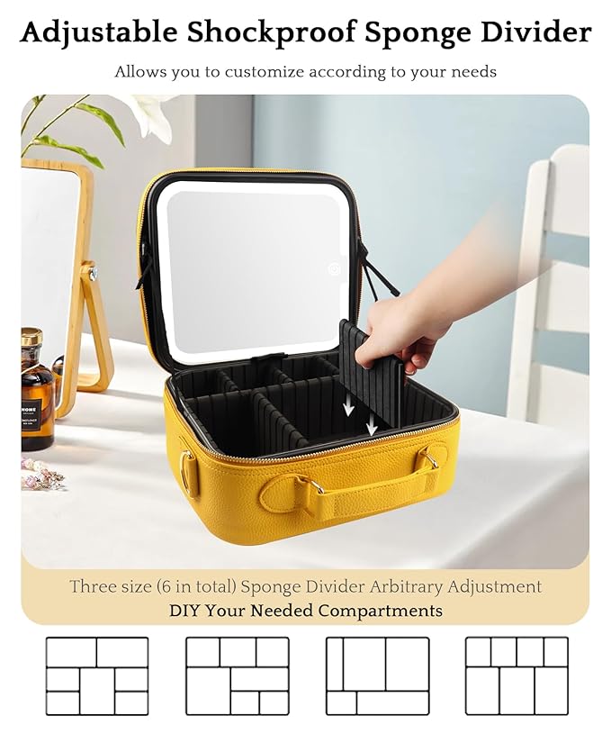 MOMIRA Travel Makeup Bag Cosmetic Bag with Lighted Mirror, Adjustable Brightness in 3 Color Scenarios/Detachable makeup mirror, All-round Upgrade, Waterproof, Gift for Women -Yellow