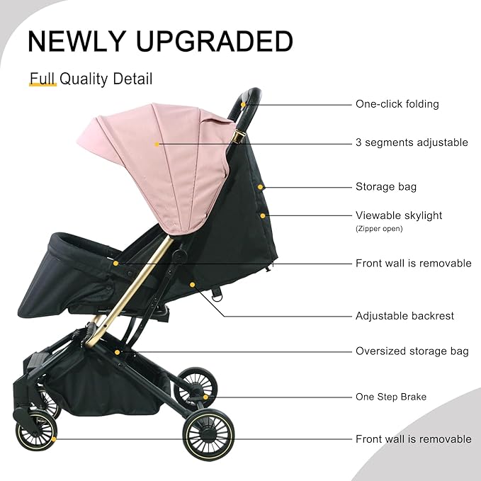 Lightweight Baby Stroller,Ultra Compact & Airplane-Friendly Travel Stroller, One-Handed Folding for Toddler, Only 13lbs,with Sleep Shade, Oversize Basket (Khaki)