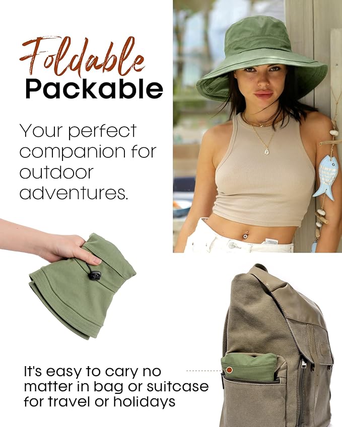 Sun Hats for Women Gardening Hat Wide Brim Ponytail Beach Sun Protection Breathable Cotton Summer Hat with Fold-Up Brim